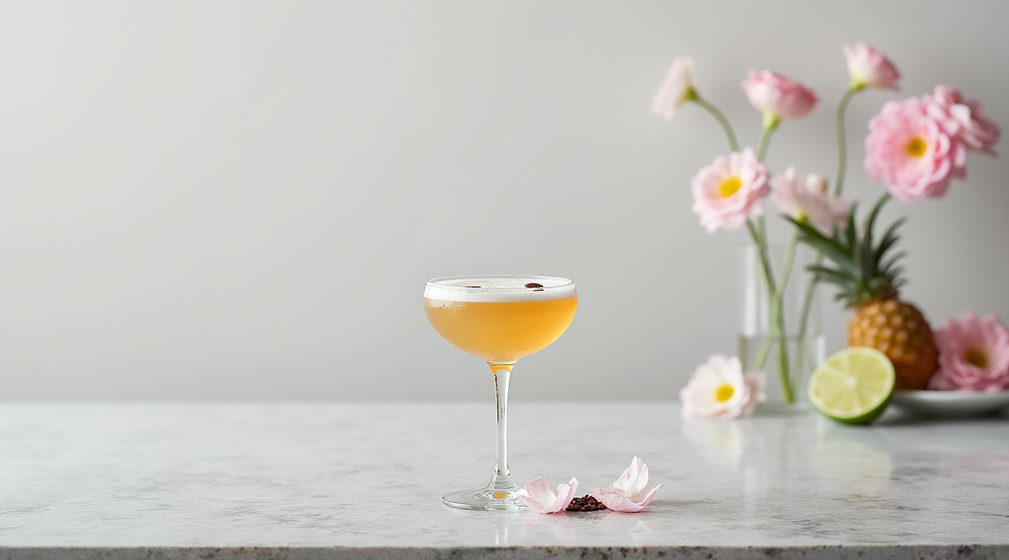 Santiago Moment cocktail in a coupe glass garnished with a rose blossom and coffee bean