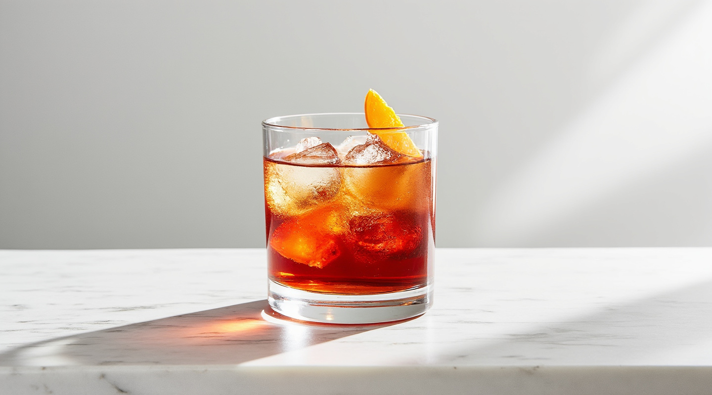 Slow Negroni cocktail in an Old-fashioned glass with orange zest twist
