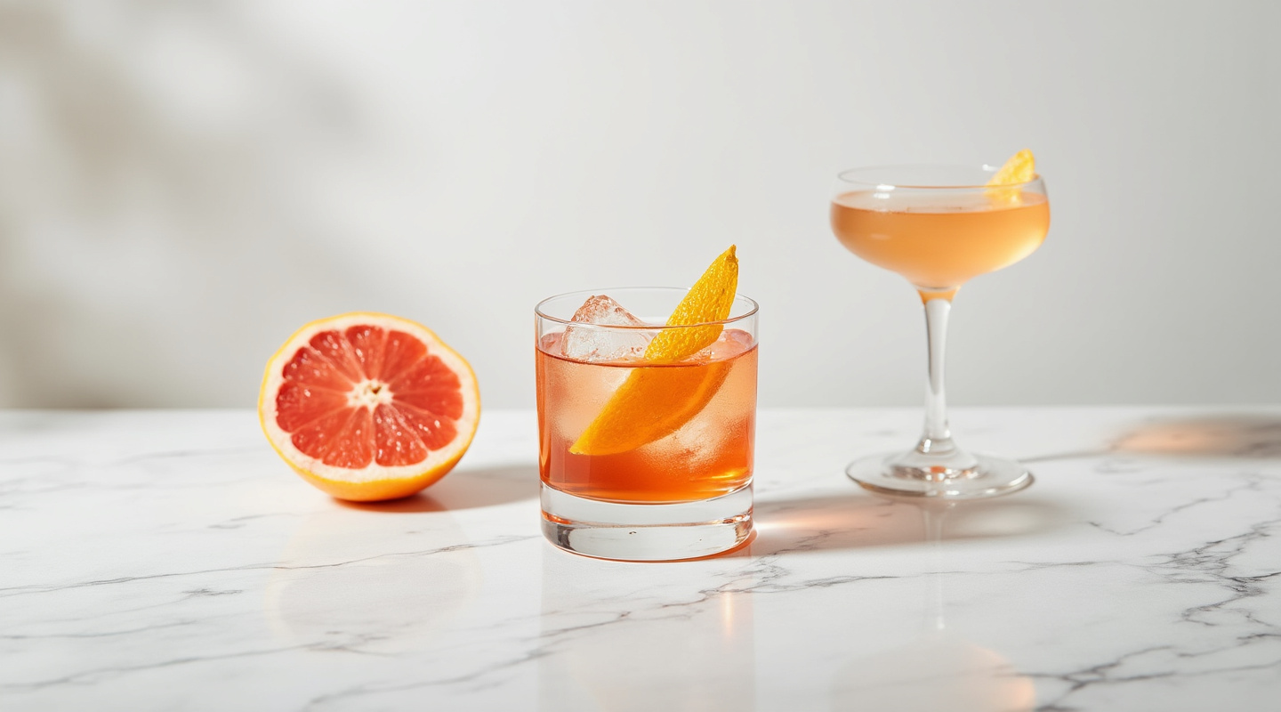 Quintessenza cocktail with a dehydrated grapefruit slice and orange zest twist garnish.