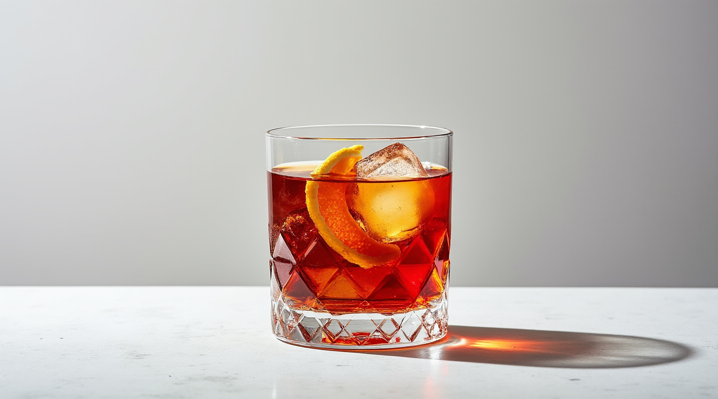 A Jäger Negroni cocktail with an orange zest twist in an Old-fashioned glass