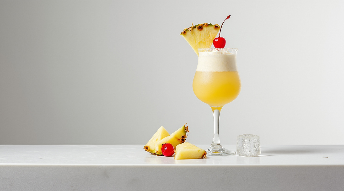A Caribbean Piña Colada garnished with a pineapple wedge and cherry