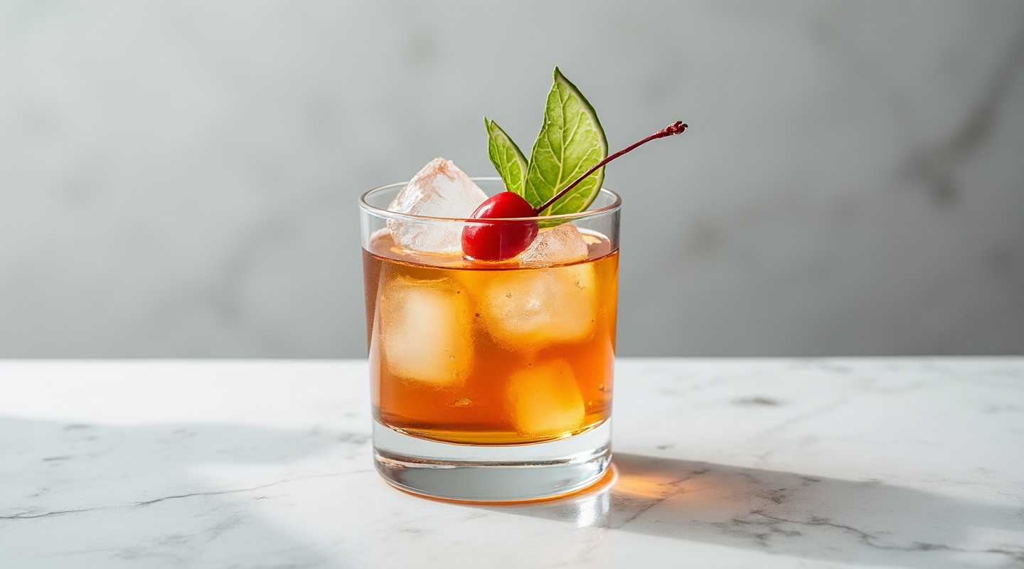 A Quintessential Drop cocktail served in an Old-fashioned glass with ice.