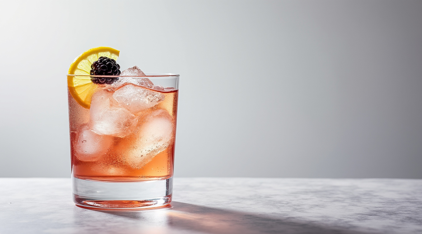 Dramble cocktail in a glass with crushed ice and blackberry garnish