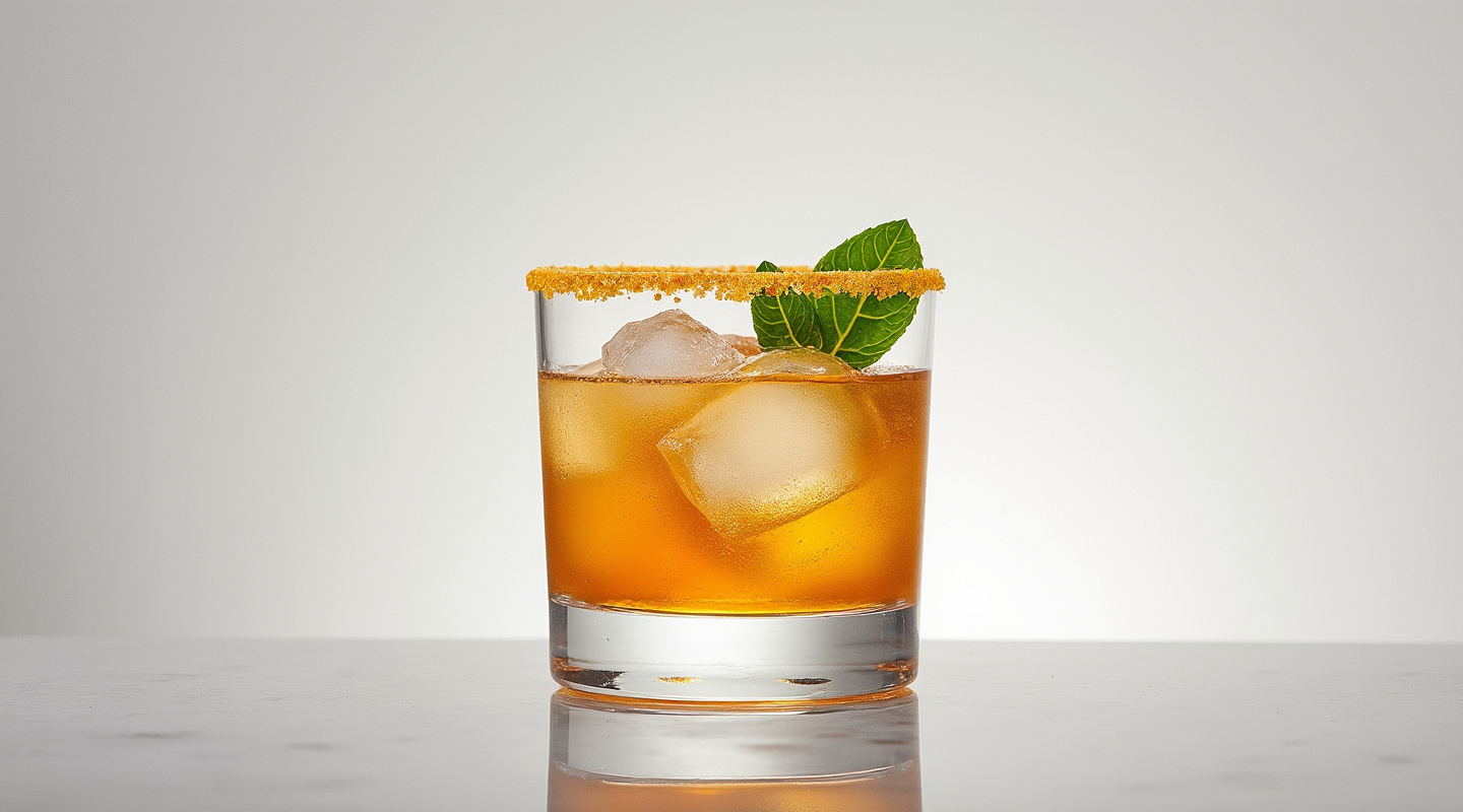 A tropical cocktail, Unión, served in an old-fashioned glass with a citrus salt-sugar rim, garnished with sugarcane leaves.