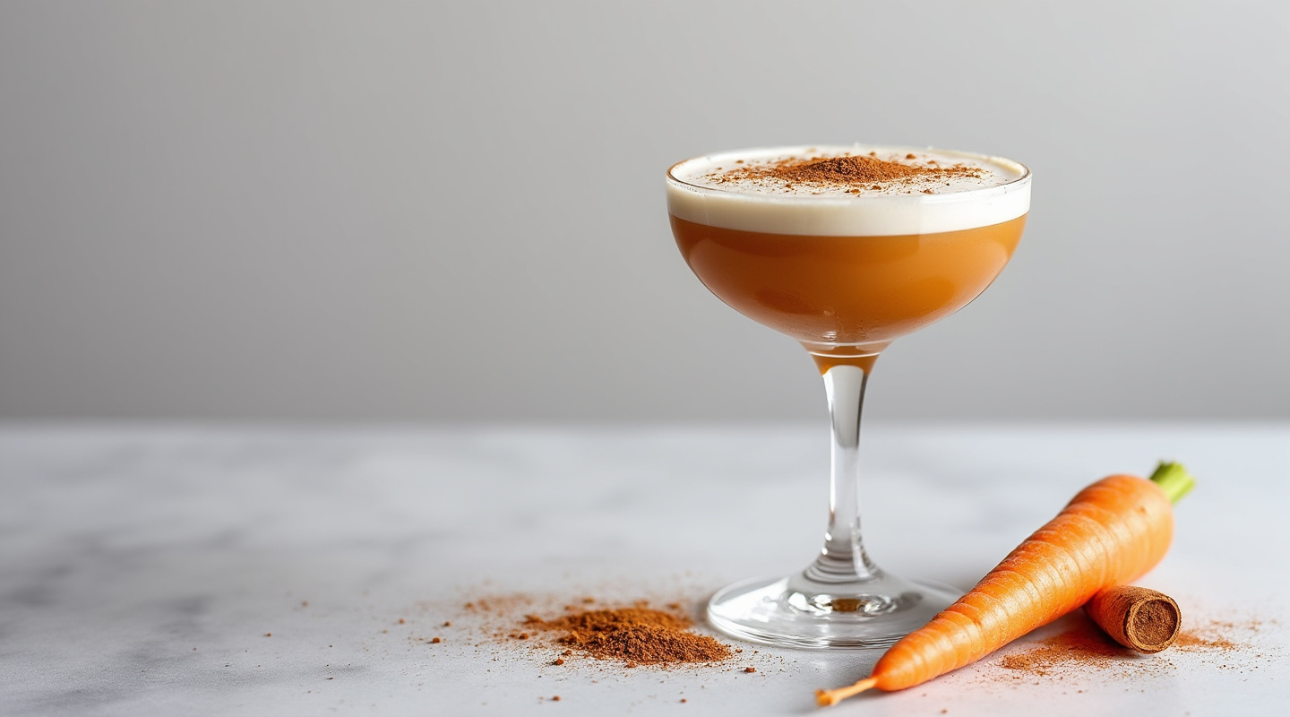Carrot Cake cocktail in a martini glass with cinnamon dusting garnish