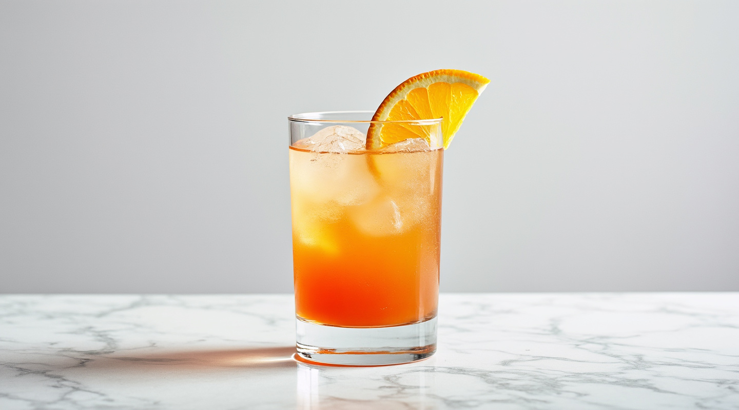 A vibrant cocktail combining tequila, vodka, Southern Comfort, orange juice, sloe gin, and Galliano
