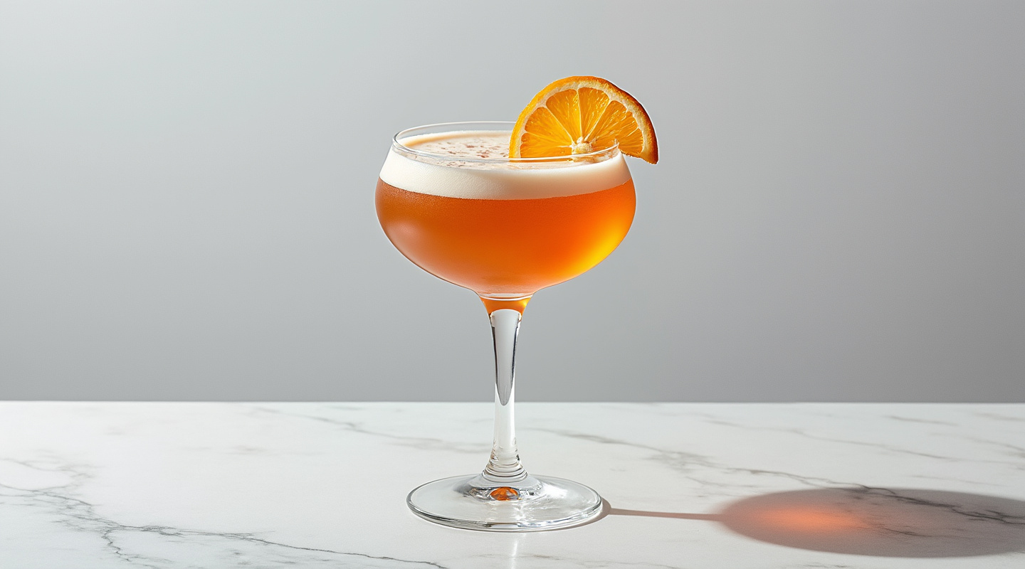 The Italian Job cocktail in a coupe glass, garnished with an orange wheel