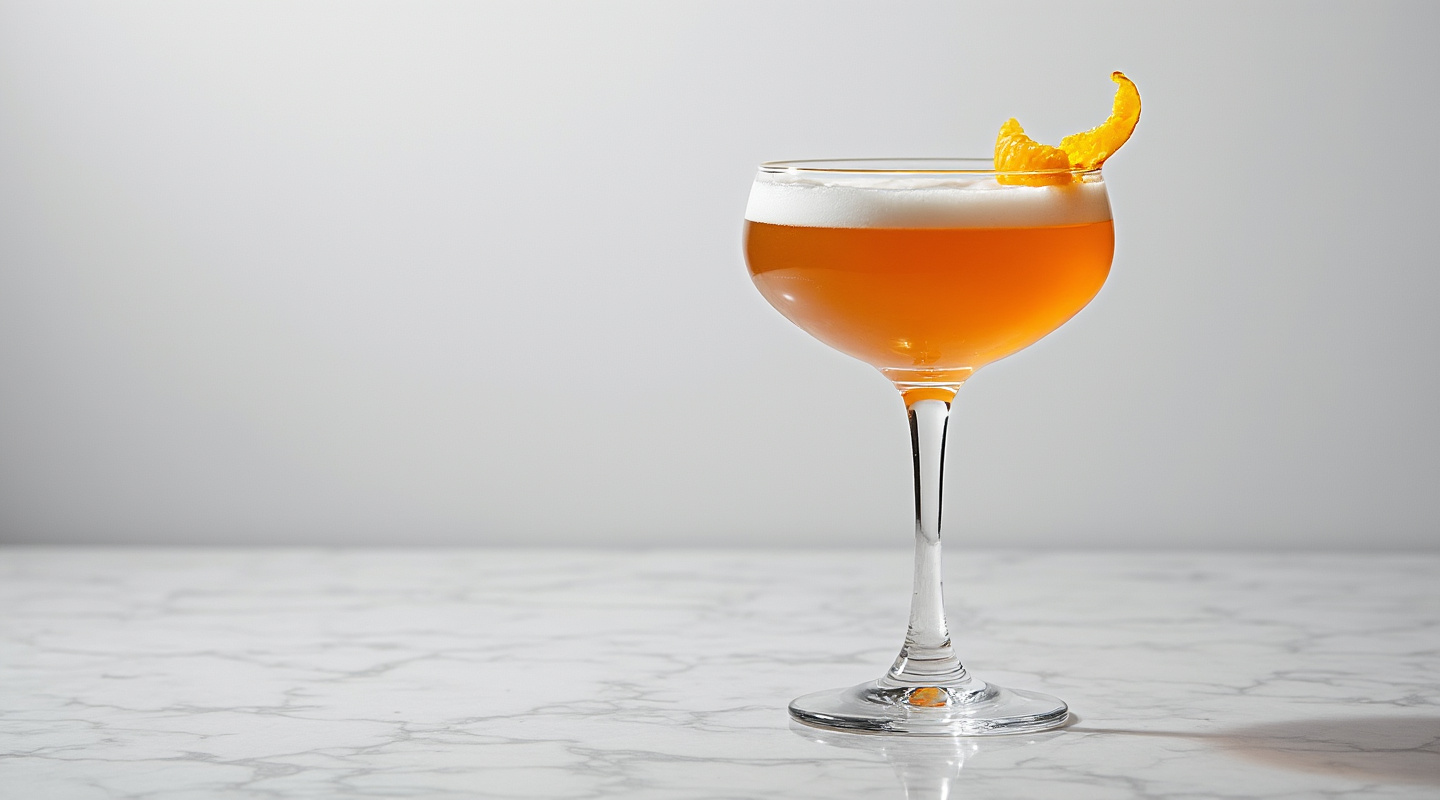 A glass of It's Hartnell Damn It! cocktail served in a coupe glass with an orange twist garnish