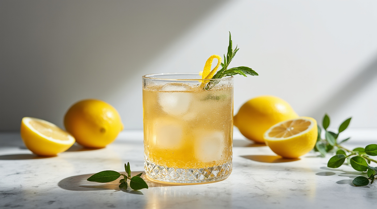 Gen'tonique cocktail in a rocks glass with lemon zest twist garnish