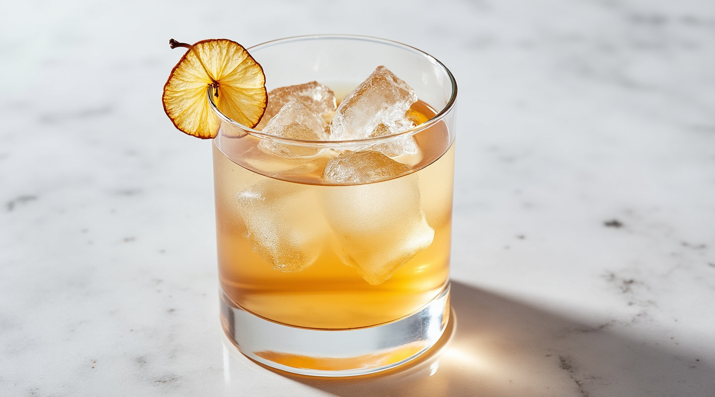 Suzette au Bal (Suzette at the Ball) cocktail in an old-fashioned glass garnished with a dehydrated pear slice.
