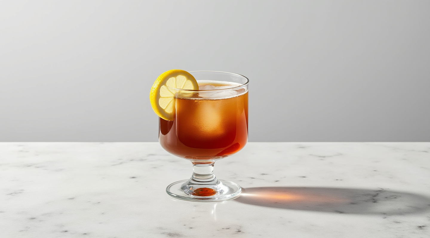 A hot Whisky Mac Toddy served in a glass with lemon garnish
