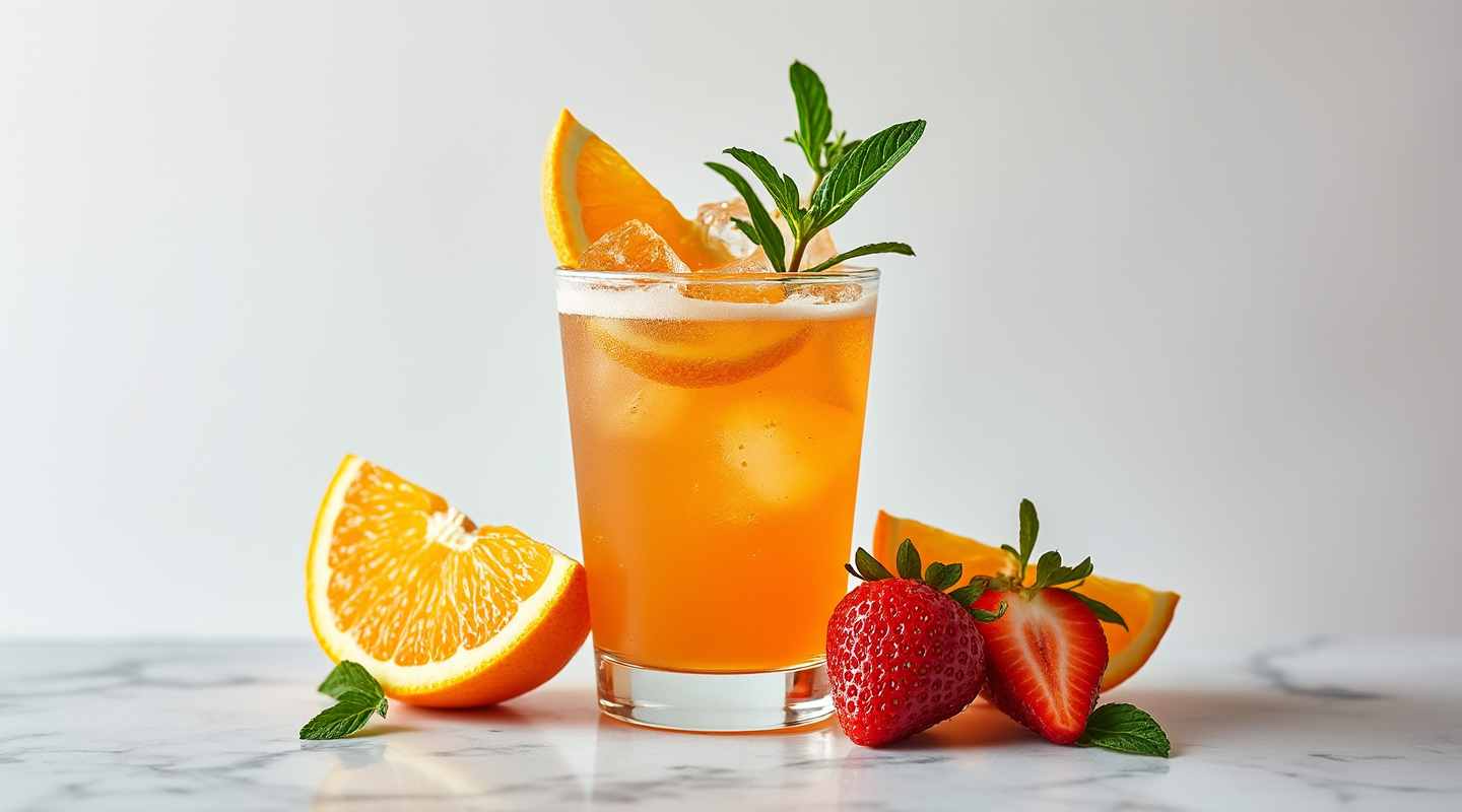 A Dutch Orange Cup cocktail in a collins glass garnished with orange slice, strawberry slices, mint sprig, orange zest twist and borage.
