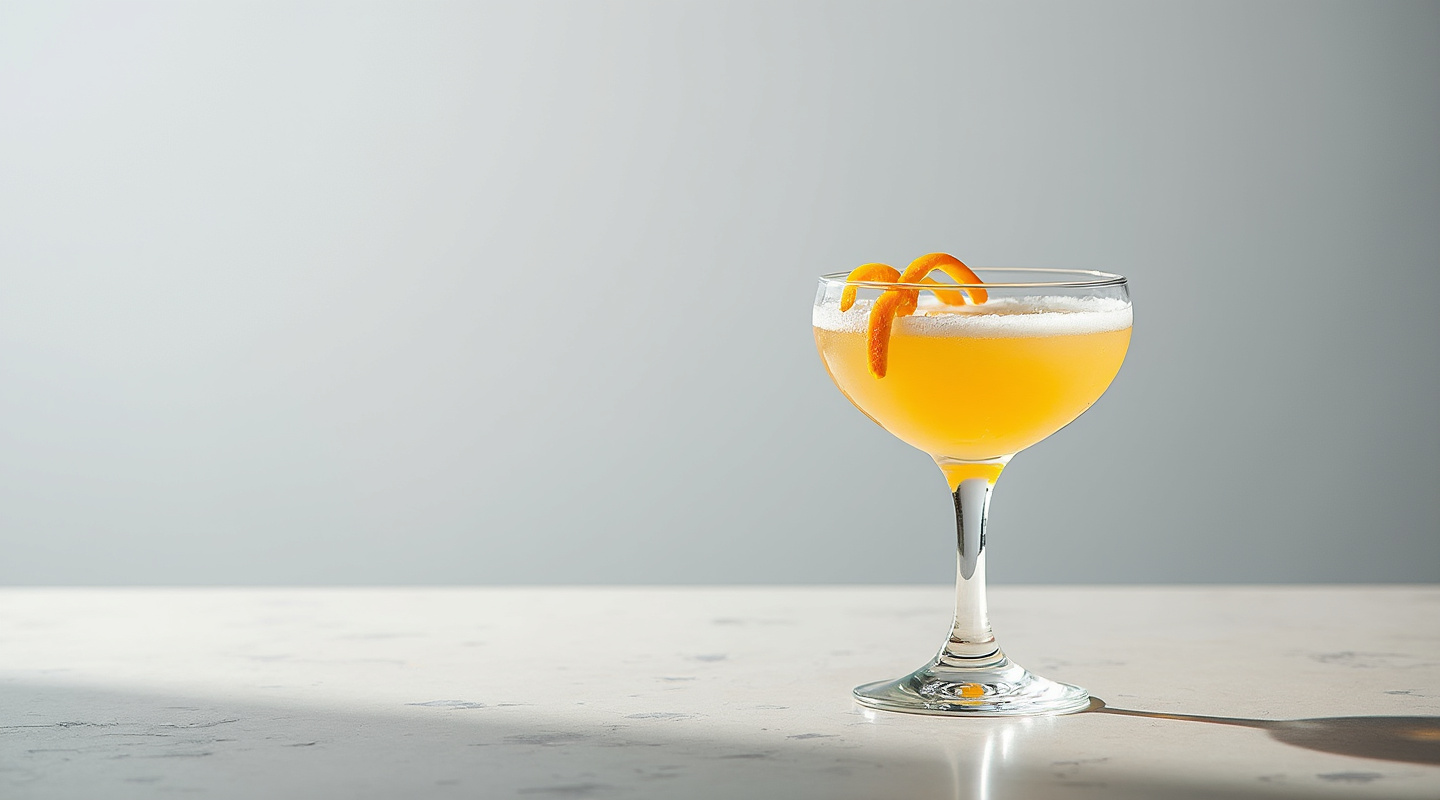 Cheeky Monkey cocktail in a coupe glass with orange zest twist