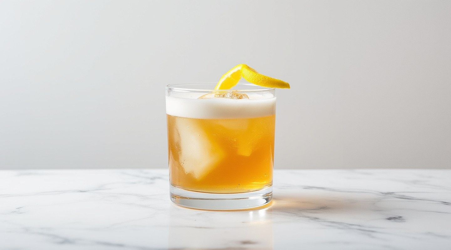 Semilla Cocktail in a Double Old-Fashioned Glass with Lemon Zest Twist