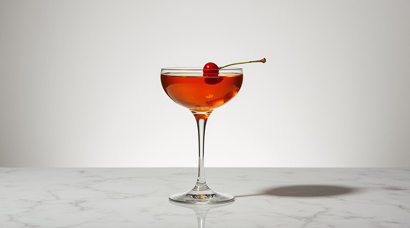 Bonaparte's Manhattan in a coupe glass garnished with a cherry