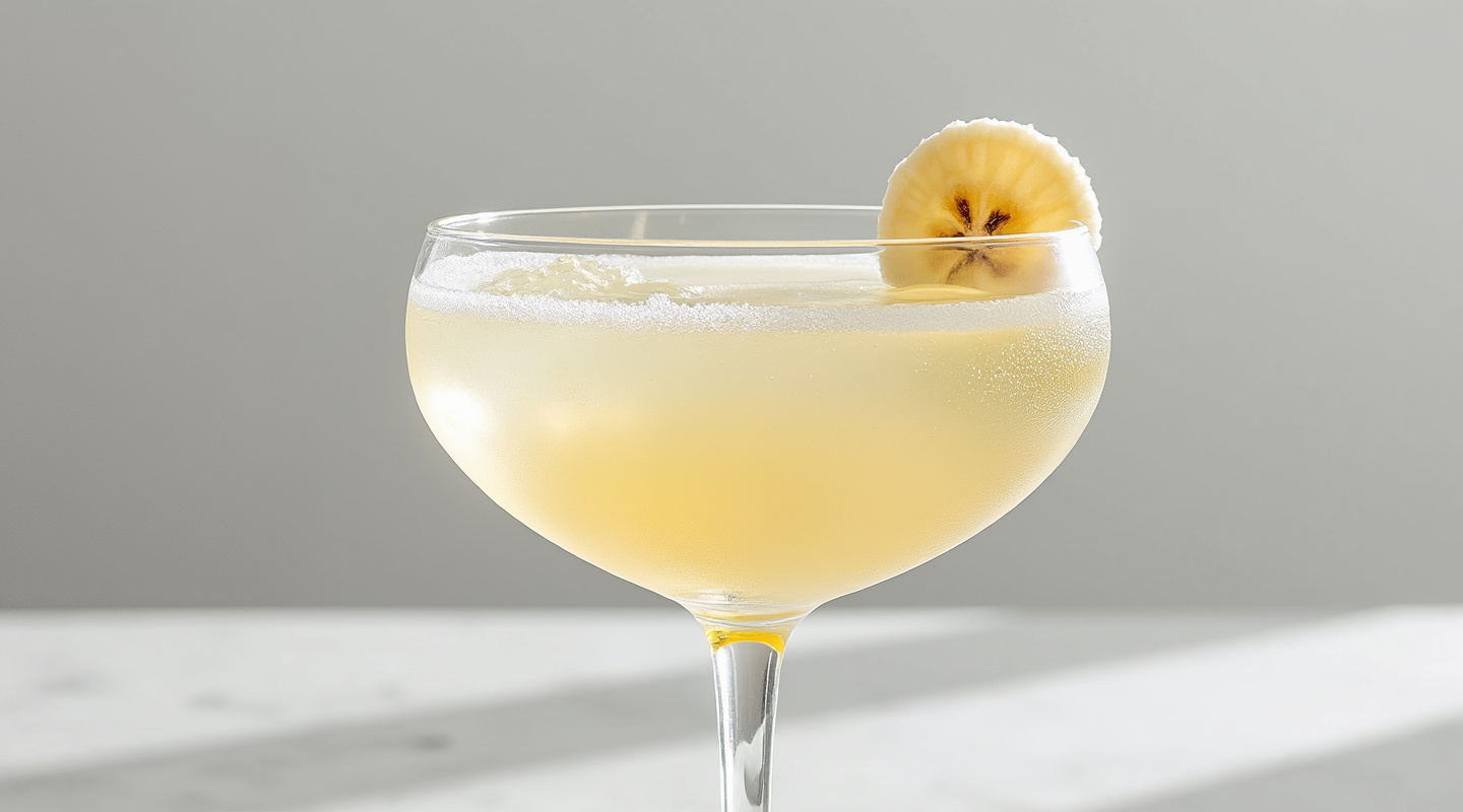 Chiclet Daiquiri served in a chilled glass with a banana garnish.