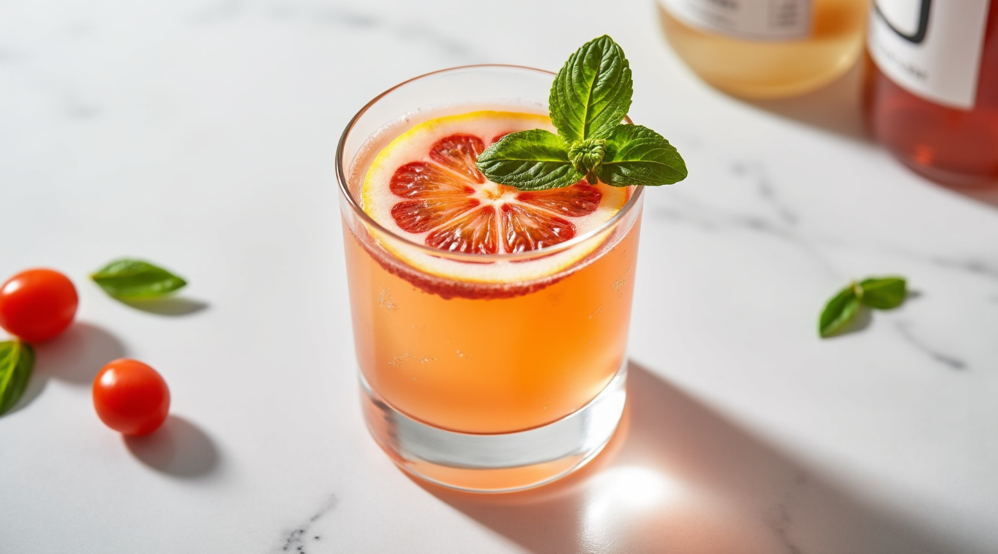 Mariposa cocktail with cherry tomato and basil garnish