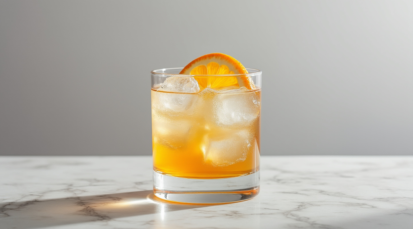 Godfather Sour in a glass, garnished with orange slice