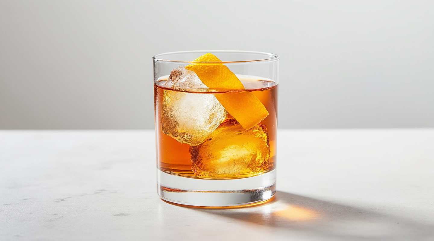 A Harvest Old Fashioned served in an Old-fashioned glass with an orange zest twist garnish.