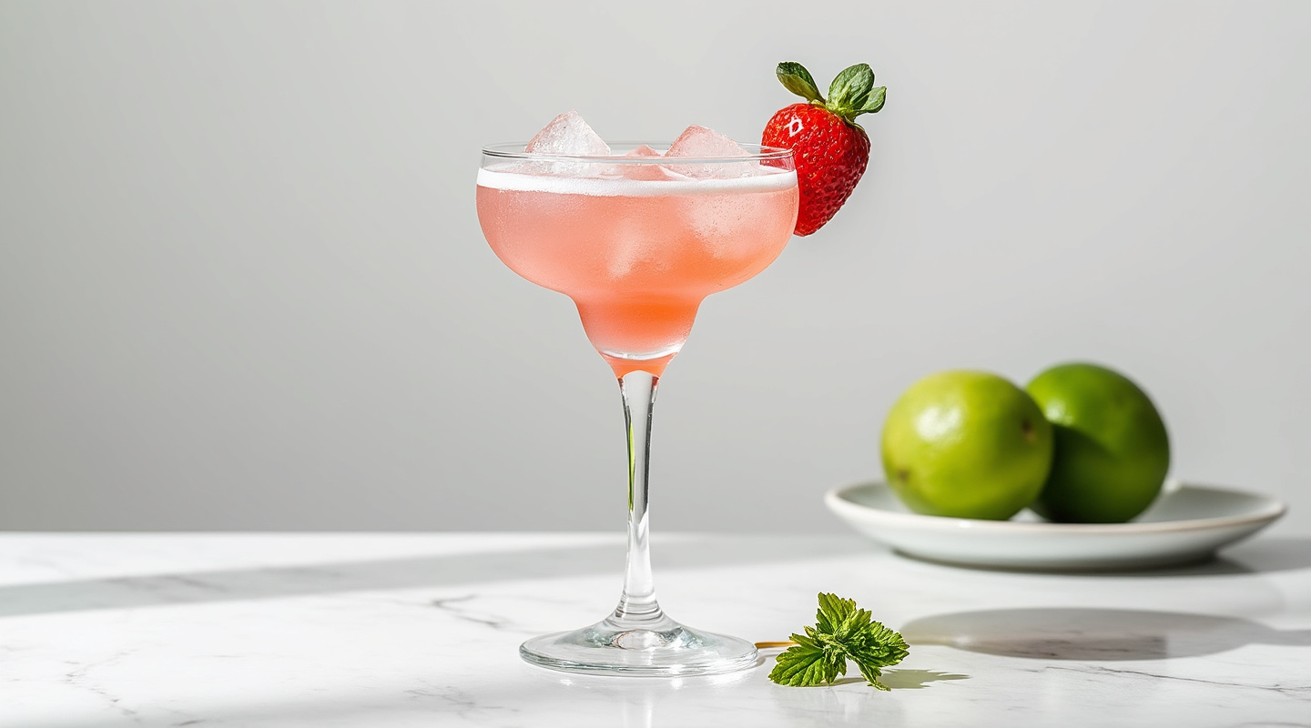 Wild Rose Margarita in a glass with a skewer garnish
