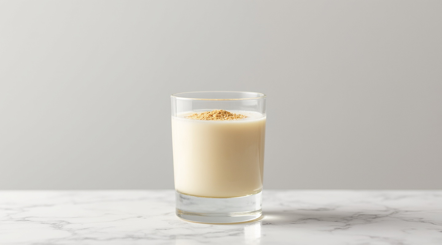 Eggnog in an Old-Fashioned glass garnished with grated nutmeg.