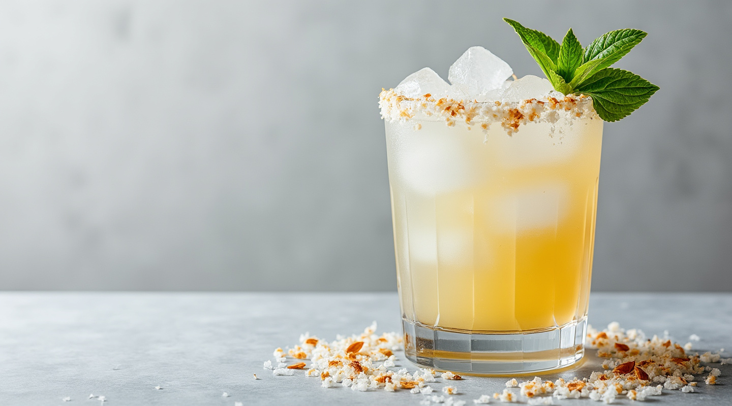 Coconut Rum Punch in a Collins glass garnished with roasted dehydrated coconut flakes.