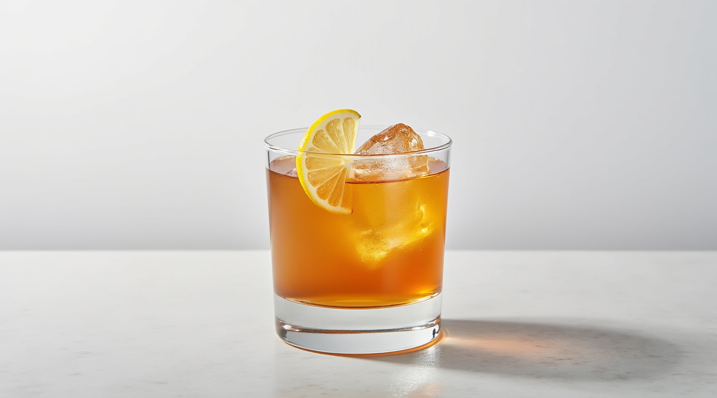 Journey of Brothers cocktail in a glass with a dehydrated lemon wheel garnish