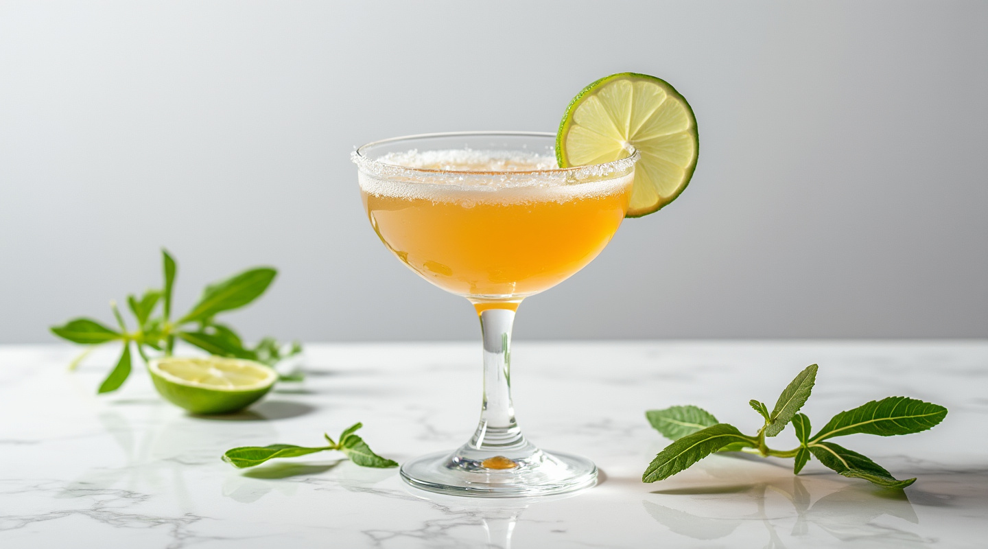 Libertad cocktail served in a coupe glass garnished with rocket leaves