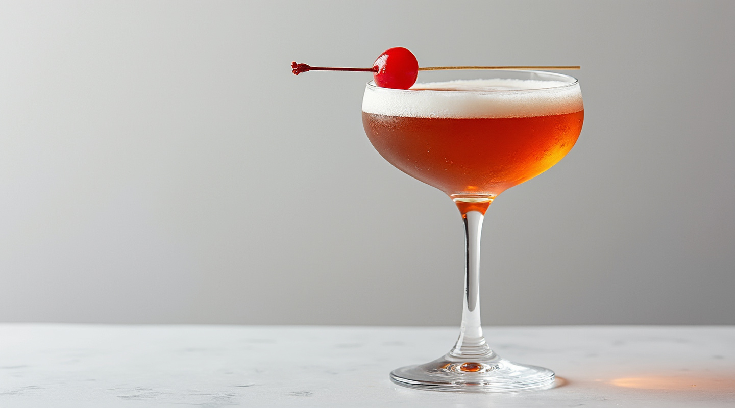 Tequila Manhattan cocktail in a coupe glass garnished with a maraschino cherry