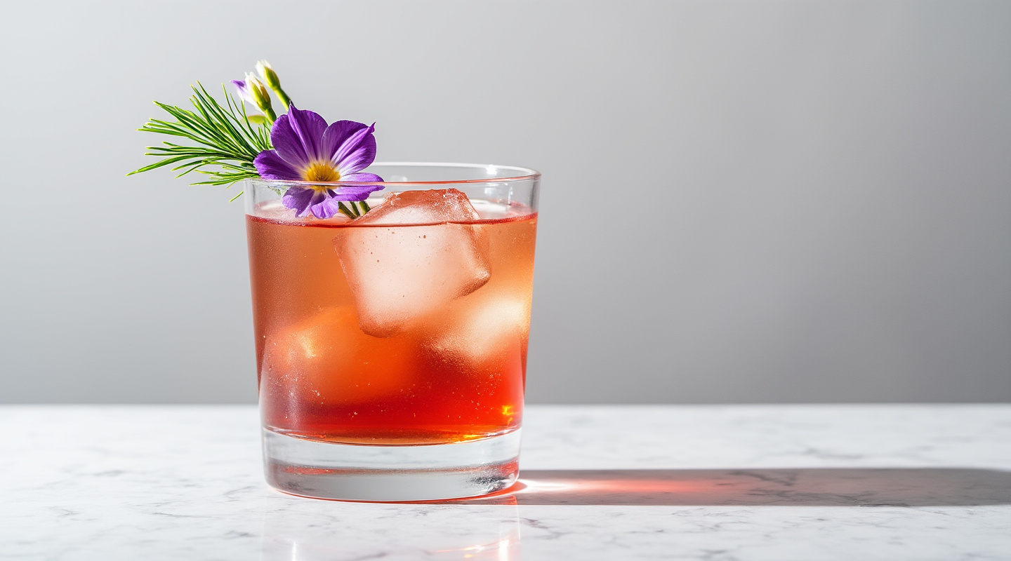 Suffragette cocktail served in a Nick & Nora glass, garnished with edible flowers.