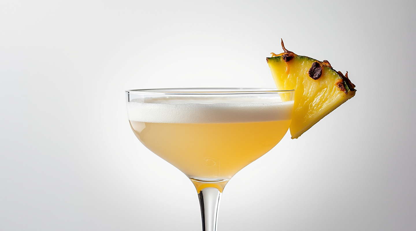 Barracuda cocktail served in a coupe glass with a pineapple garnish