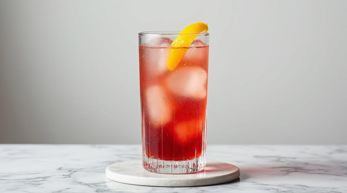 Picon Punch cocktail in a glass with a lemon zest twist garnish