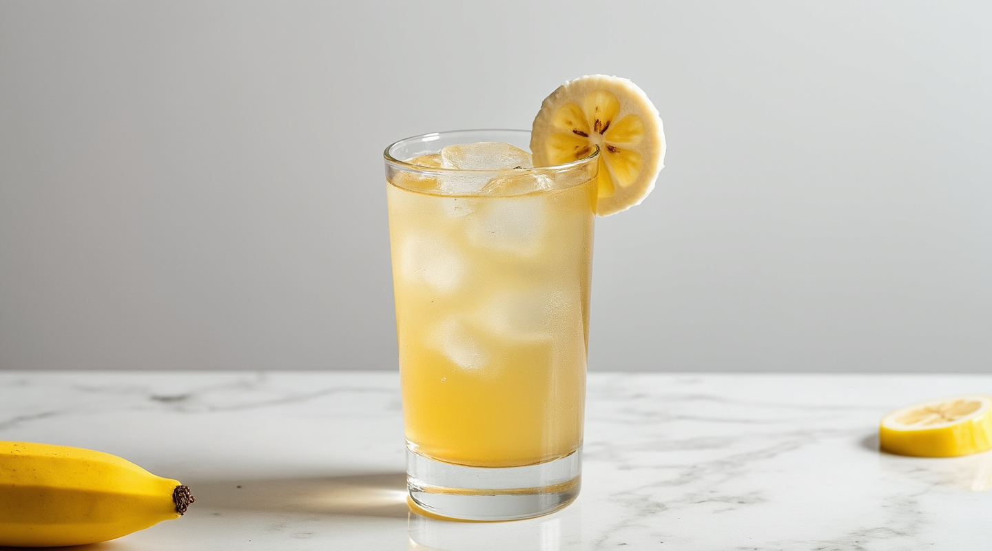 Banana Havana Highball cocktail in a tall glass with banana slice garnish