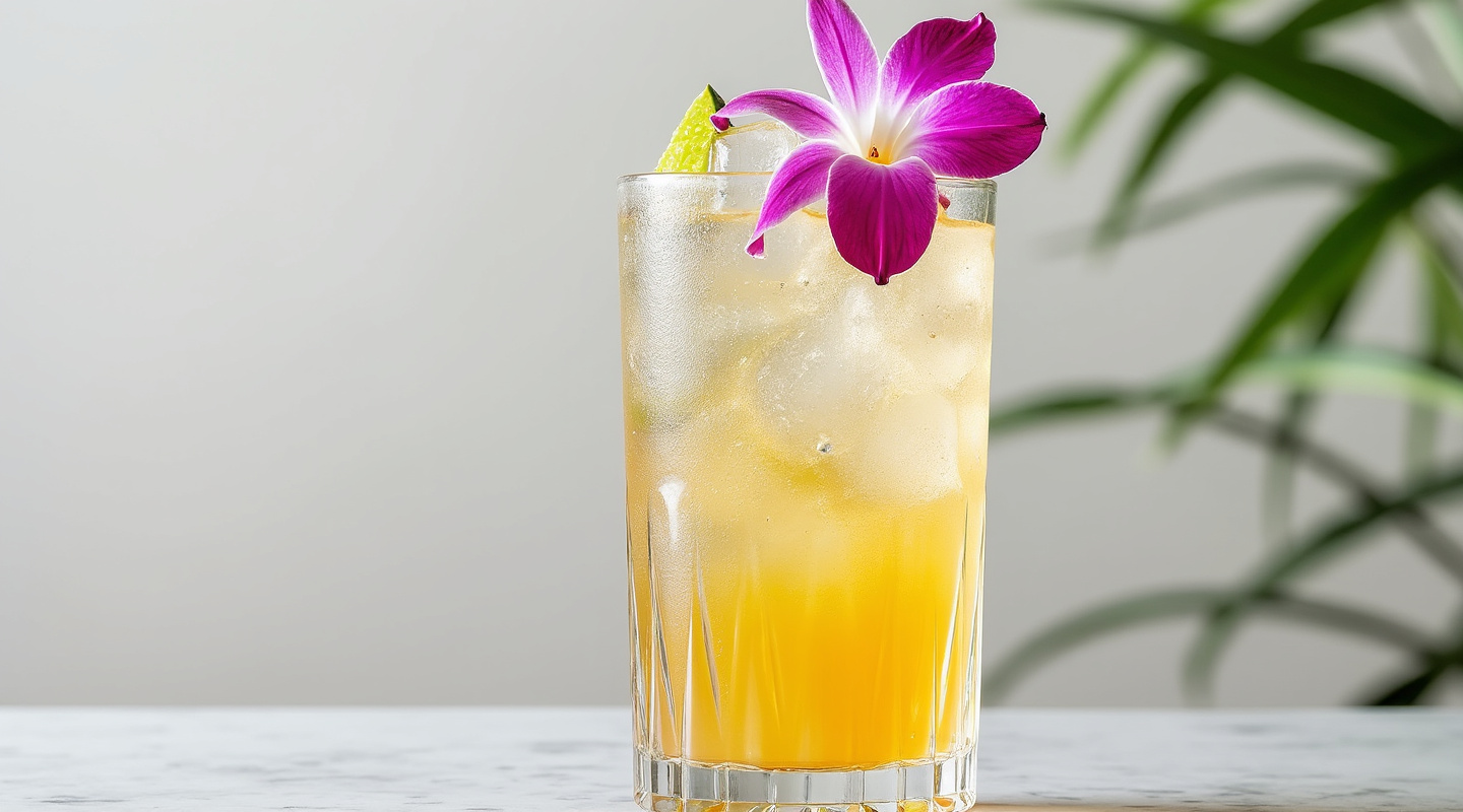 Tears of Jungle Bird cocktail served in a glass, garnished with lime wedge and an orchid flower