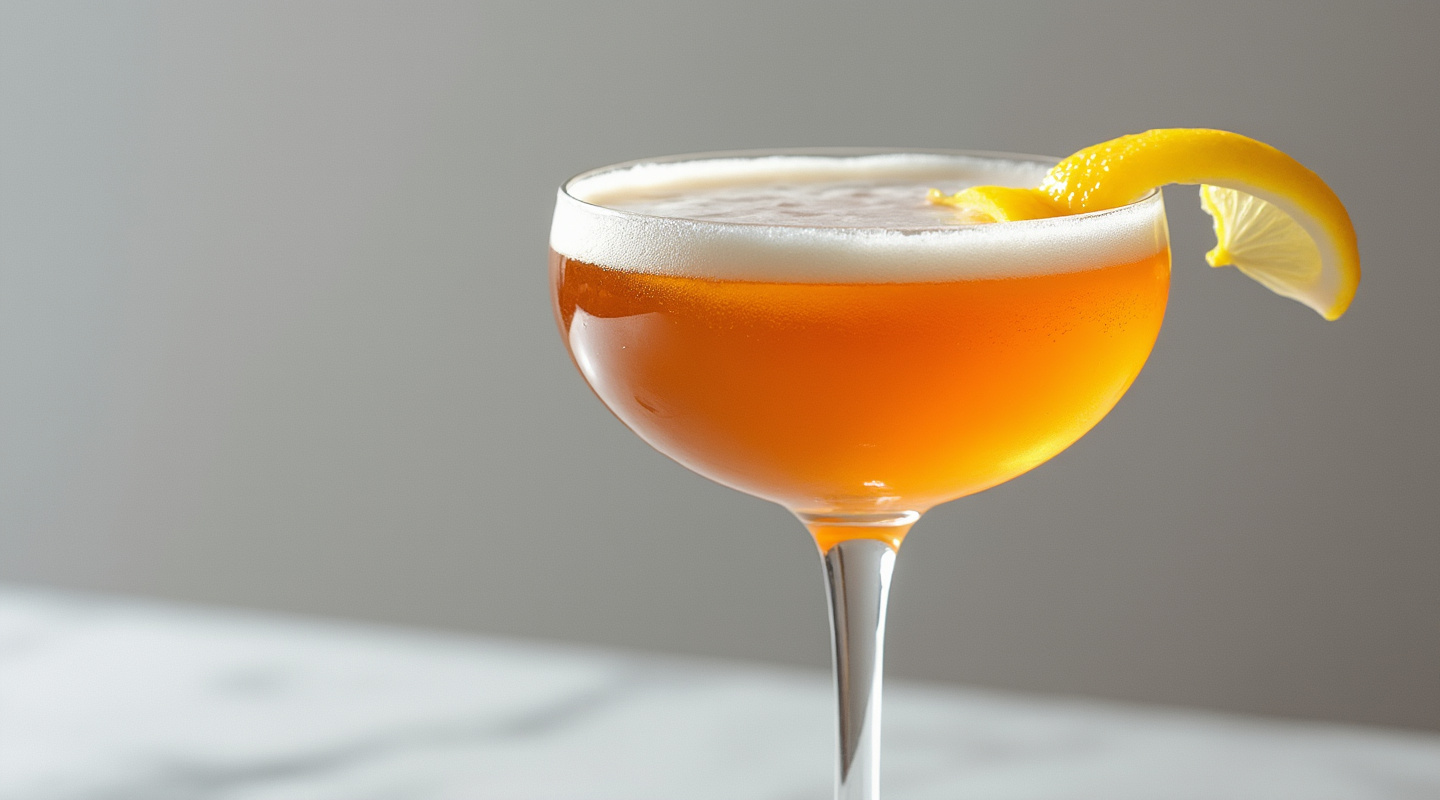 Landing Gear cocktail served in a chilled coupe glass with a lemon zest twist garnish.
