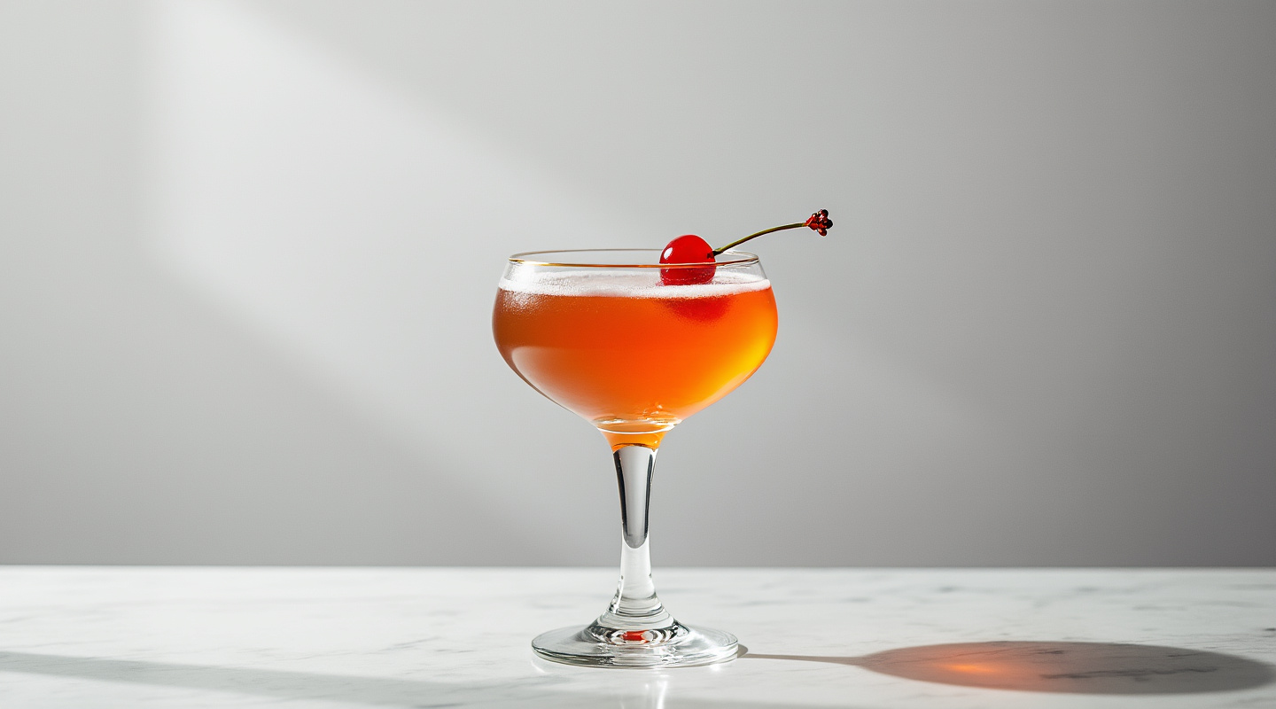 A Crazy Crossing cocktail served in a coupe glass, garnished with a maraschino cherry.