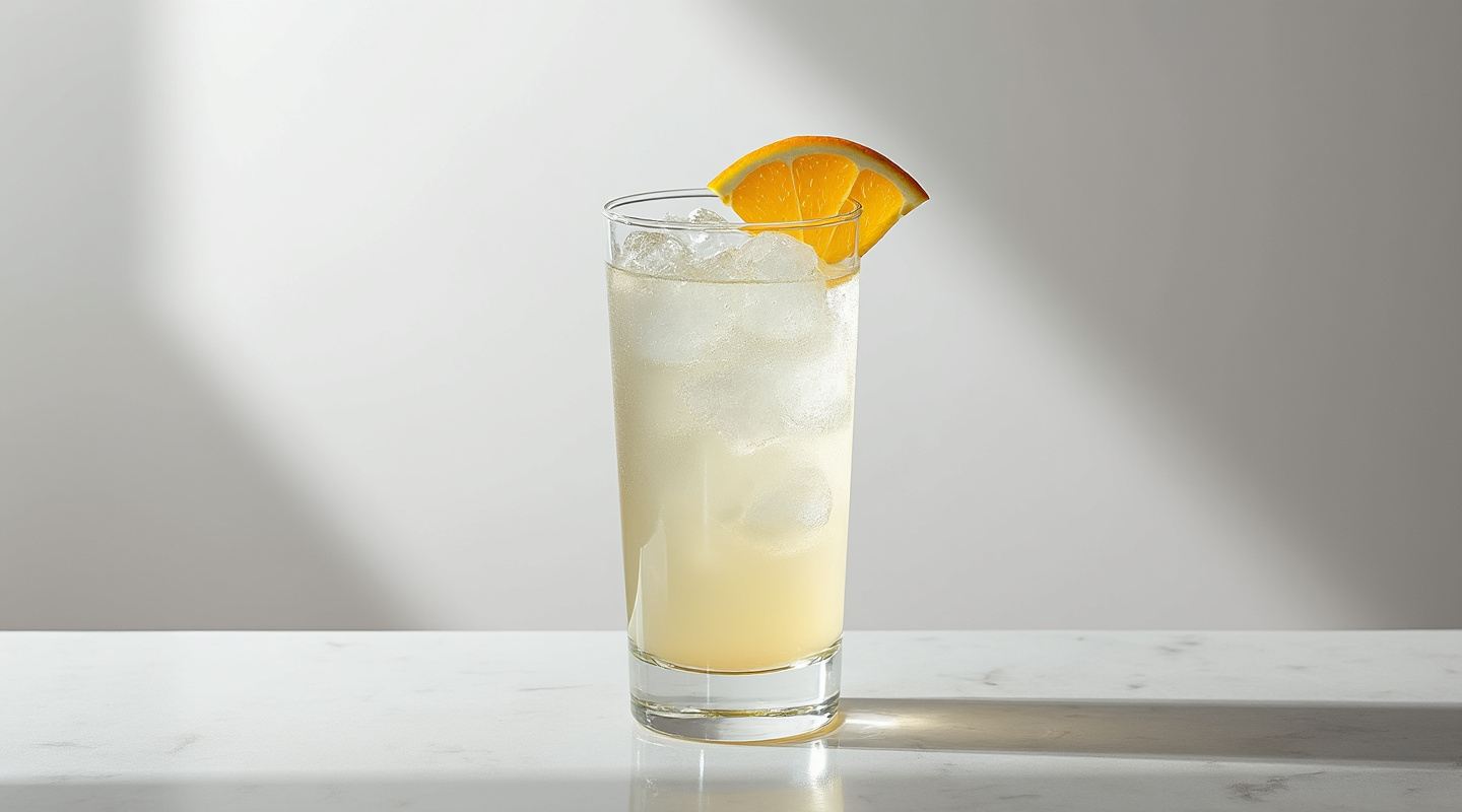 A Jeez Louise cocktail served in a Collins glass, garnished with an orange slice wheel.
