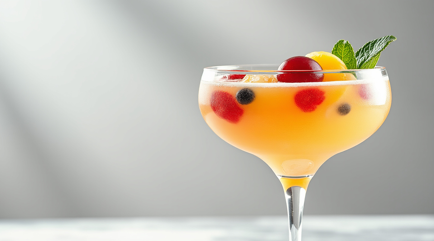 A fruit salad-inspired cocktail served in a coupe glass.