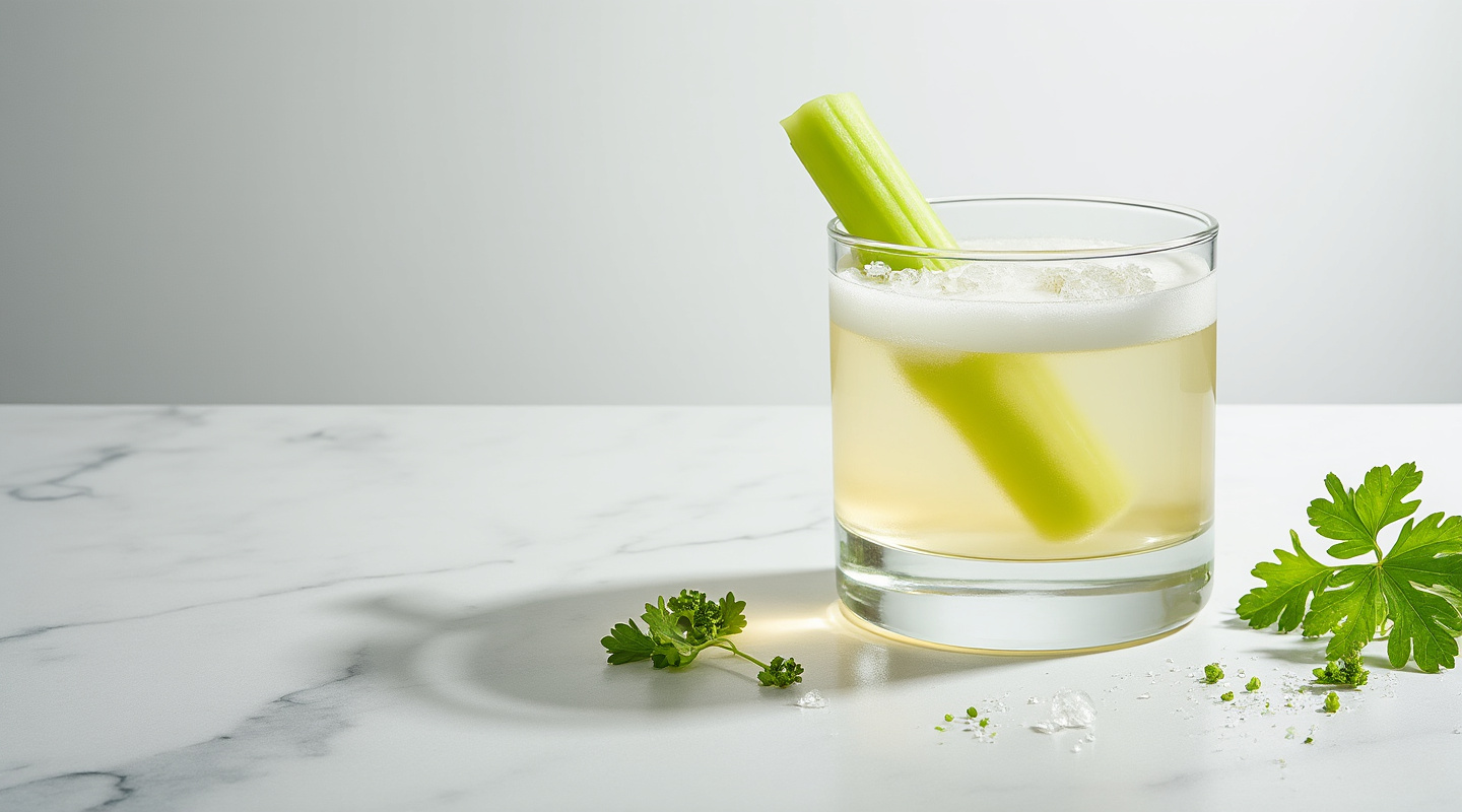 A Celery Wine cocktail served in a Nick & Nora glass.
