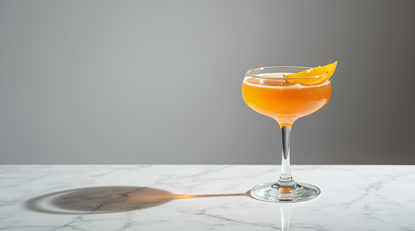 A cocktail in a Nick & Nora glass garnished with orange and lemon wheel slices.