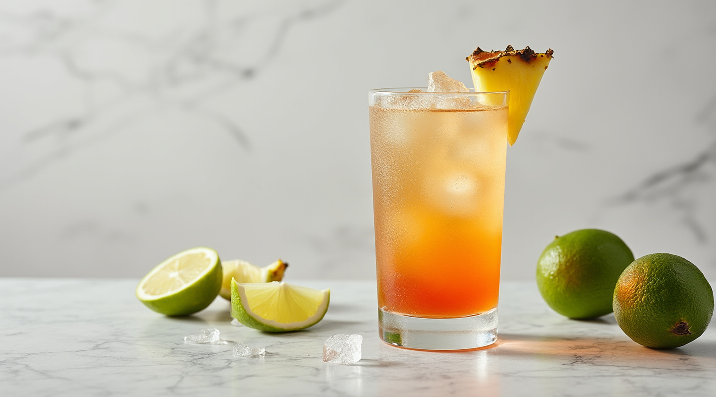 A tropical cocktail served in a highball glass with a lime or pineapple wedge garnish.