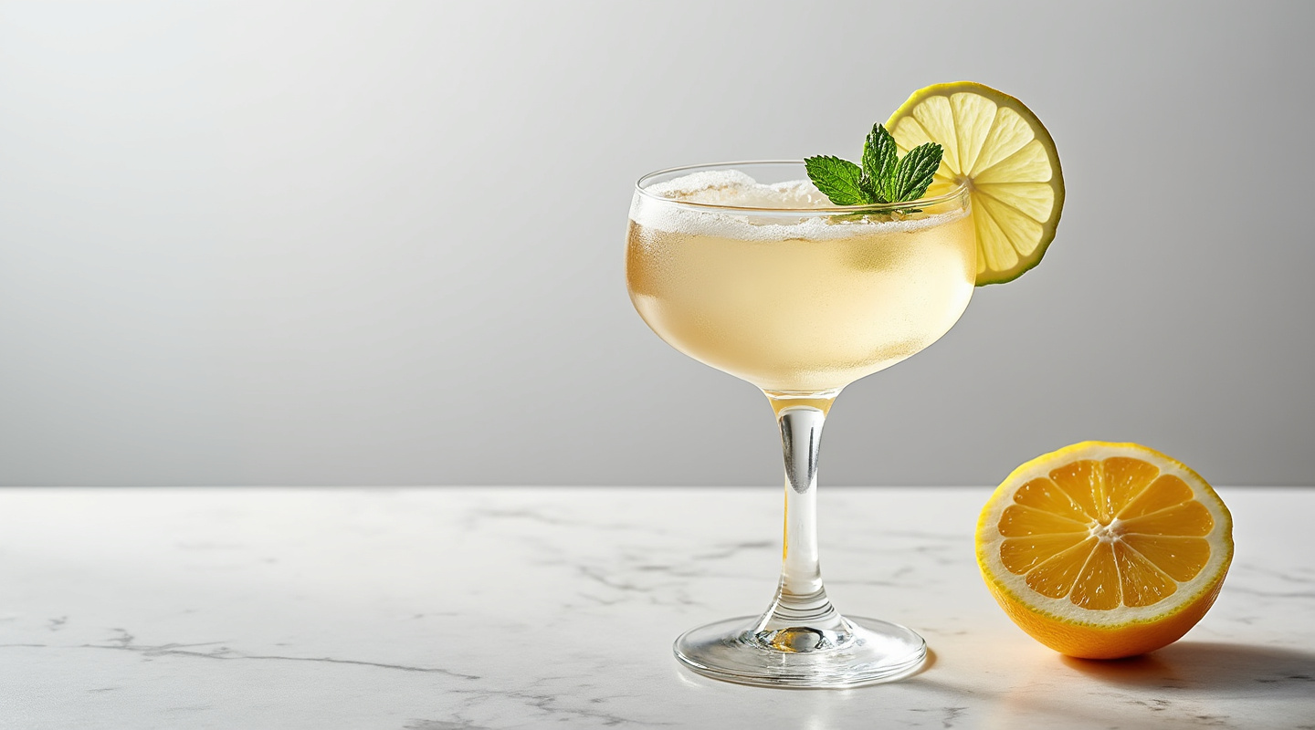 A French Pearl cocktail in a Coupe glass, showcasing a mint sprig and dehydrated lime wheel garnish