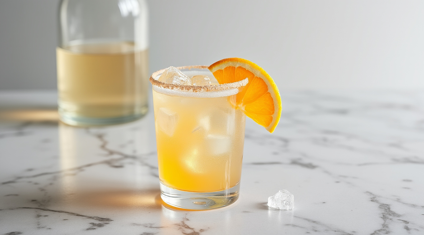 Cordless Screwdriver cocktail served in a shot glass with a sugar coated orange slice garnish