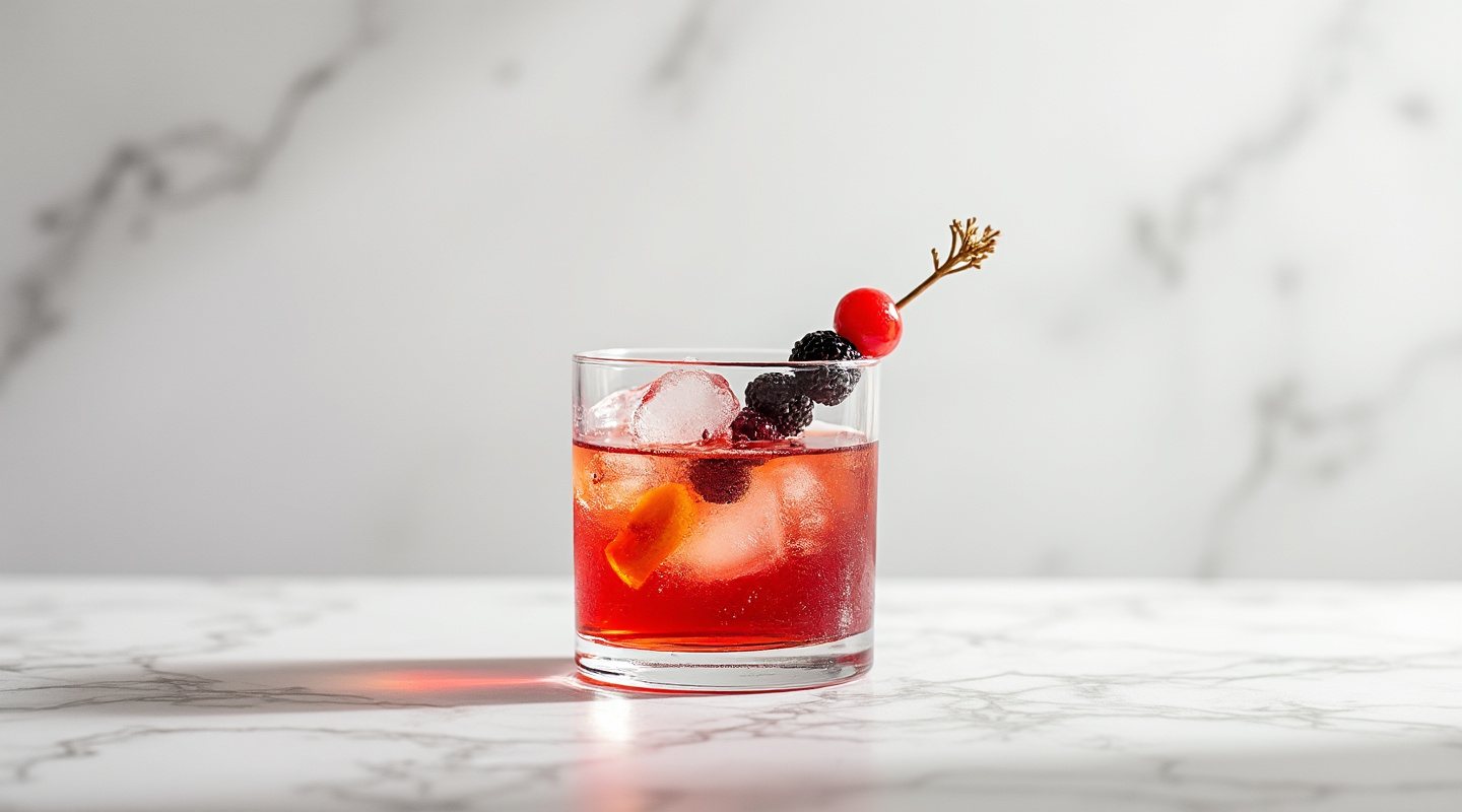A glass of Cosmopolitan Delight cocktail garnished with a twist and berries