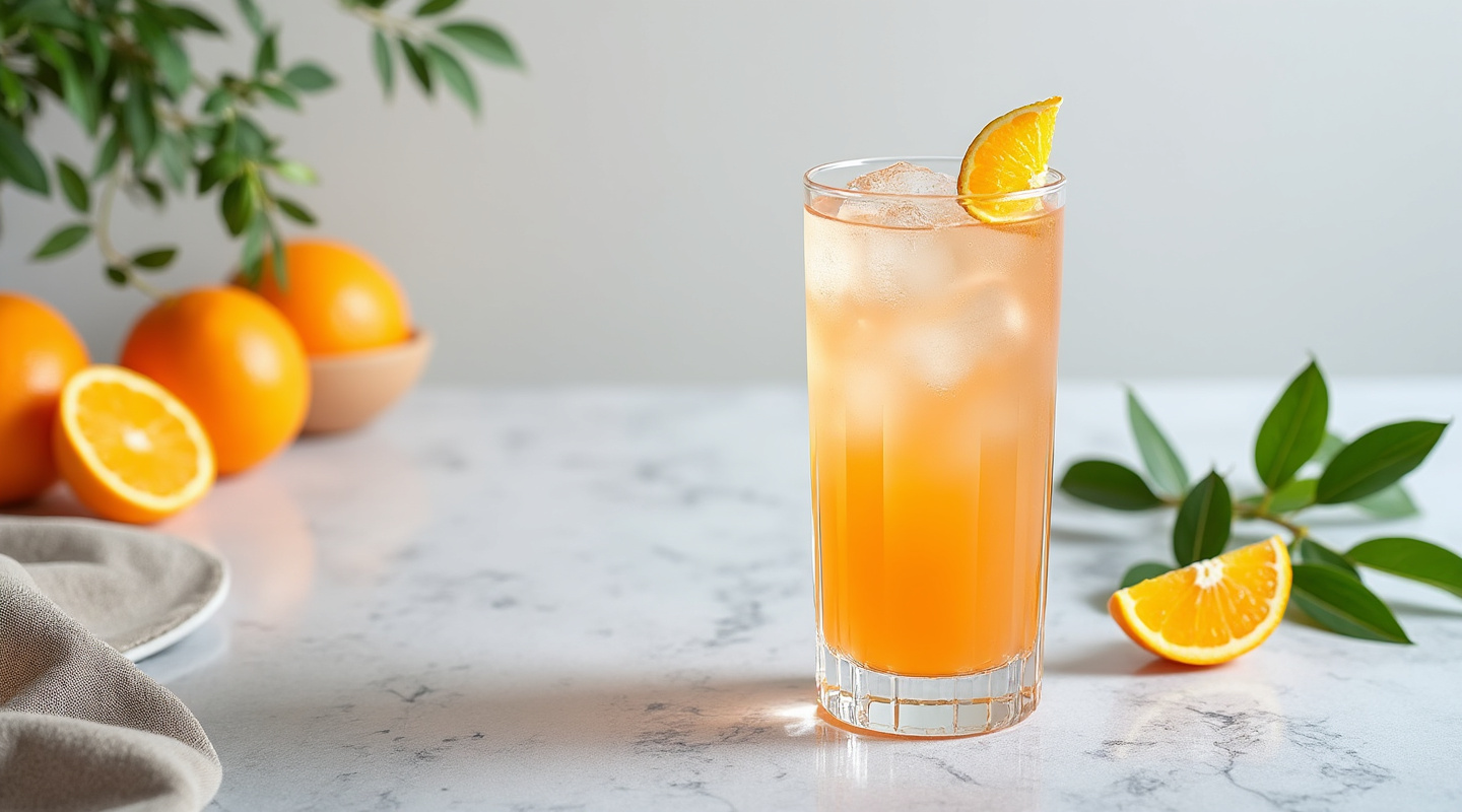 A bright and citrusy 'It's Always Sunny' cocktail in a Collins glass with orange zest twist.