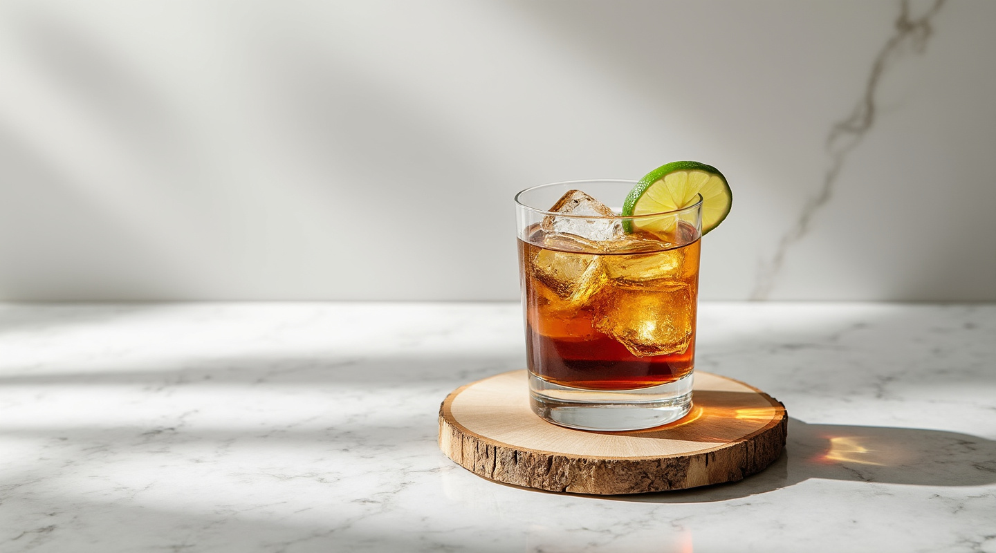 Lemmy cocktail in a Collins glass with a lime wedge