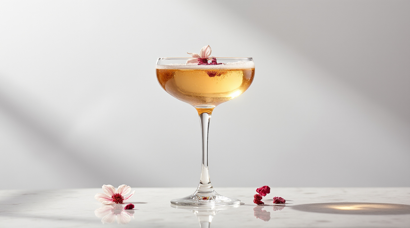Hey Sugar cocktail in a flute glass garnished with dried rose blossoms