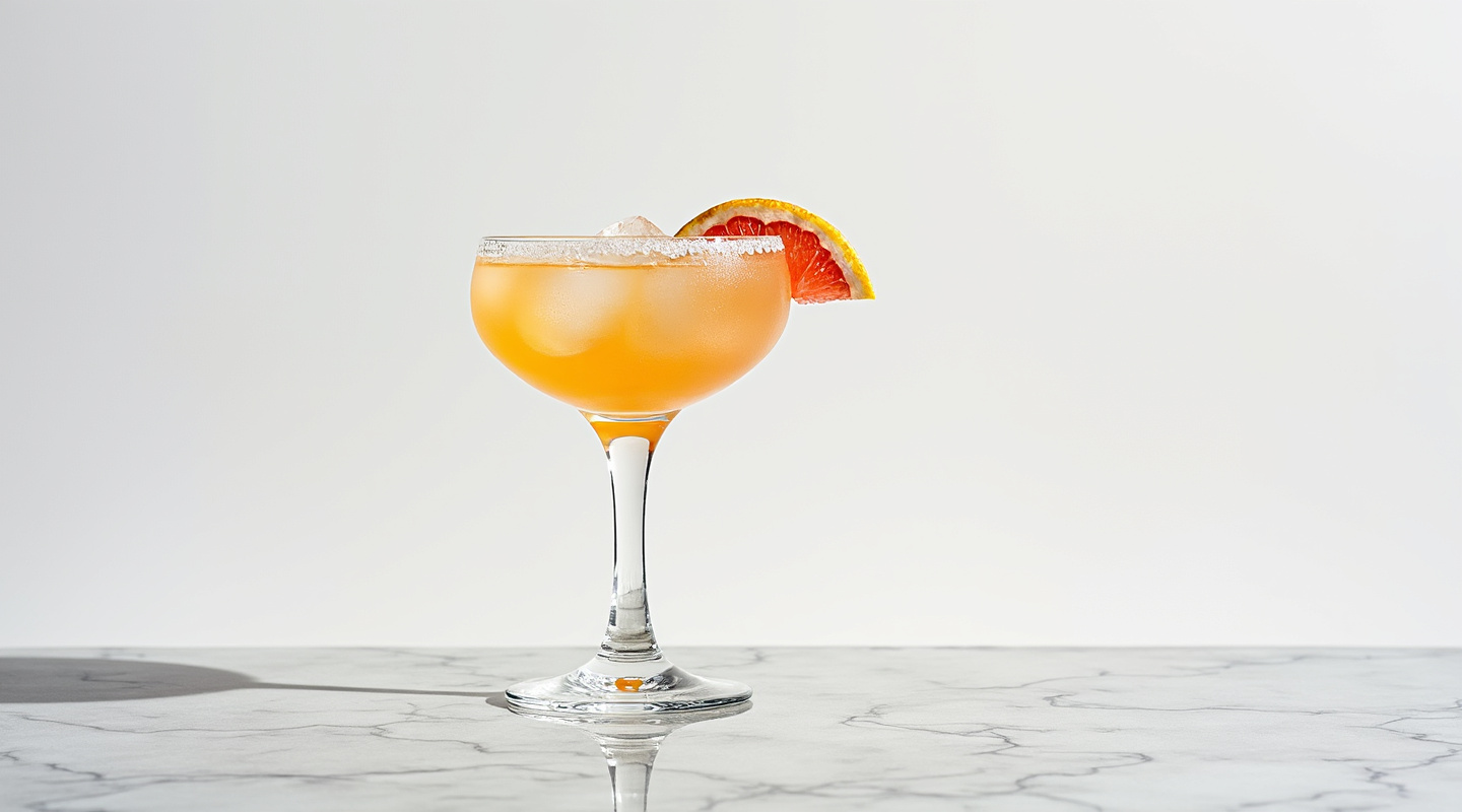 Mirror Margarita served in a glass with a grapefruit zest garnish