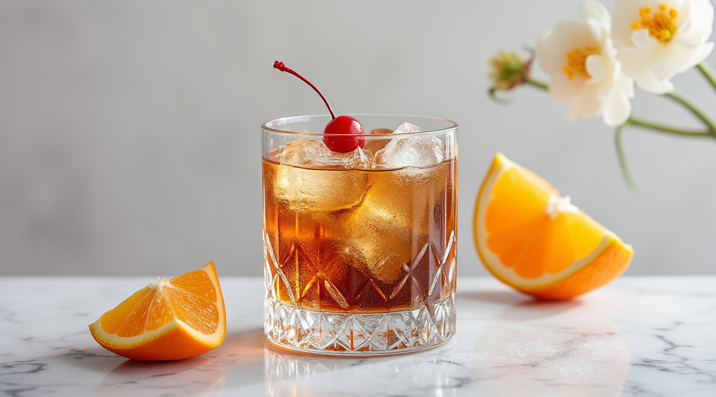 A vibrant cocktail served in a chilled glass with a cherry garnish.