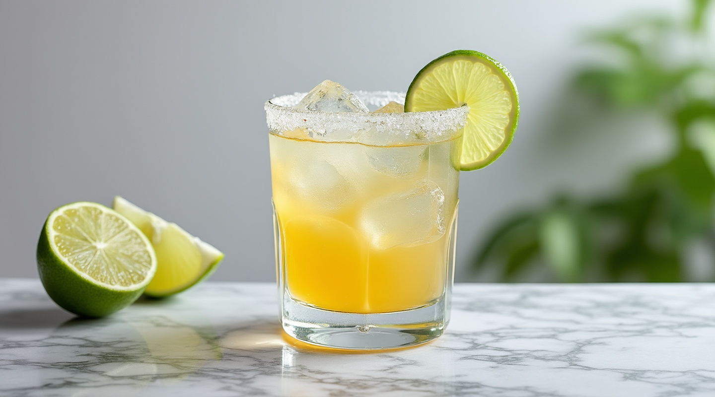 A classic Margarita served in an Old-fashioned glass with a salted rim and a lime garnish.